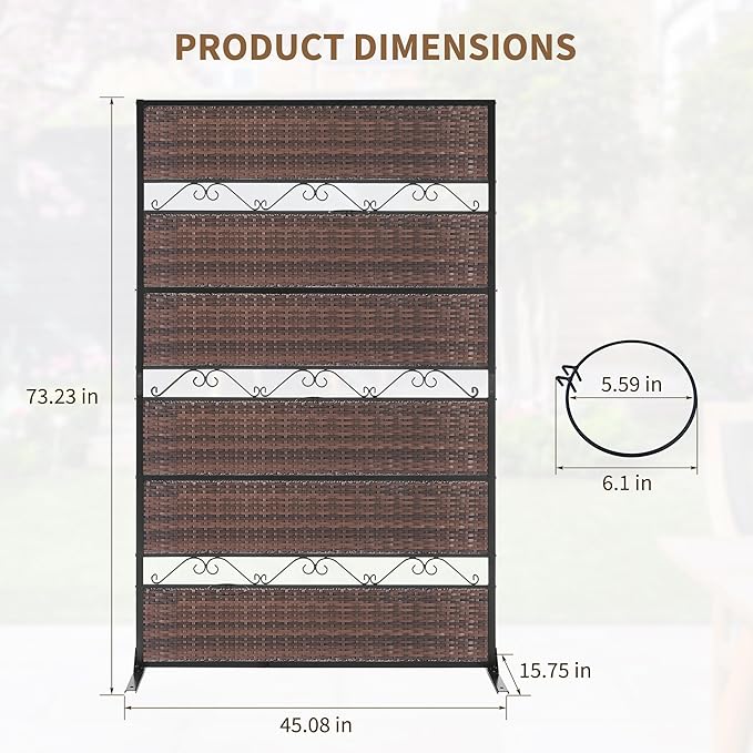 73" H×45" W Rattan Outdoor Privacy Screen Freestanding for Patio, Balcony Metal Privacy Screen and Room Divider for Garden, Apartment, Deck(Brown, 1 Panel)