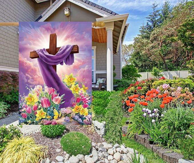 Spring Summer Easter House Flag 28x40 Inch Double Sided Large Burlap Cross Tulip Lily Flower Yard Garden Flags for Seasonal Farmhouse Outside Outdoor Decoration