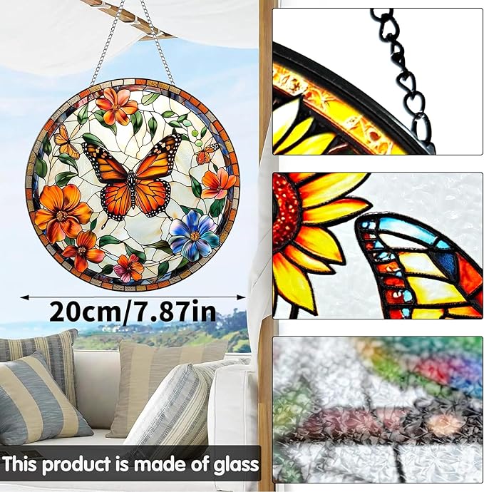 VAIIEYO Butterfly Sun Catcher Stained Glass Window Hanging Ornament, Handmade Sun Catcher Flower Decoration with Hooks for Window Garden Home, Mother's Day & Birthday Housewarming Gift (7.8 inch)