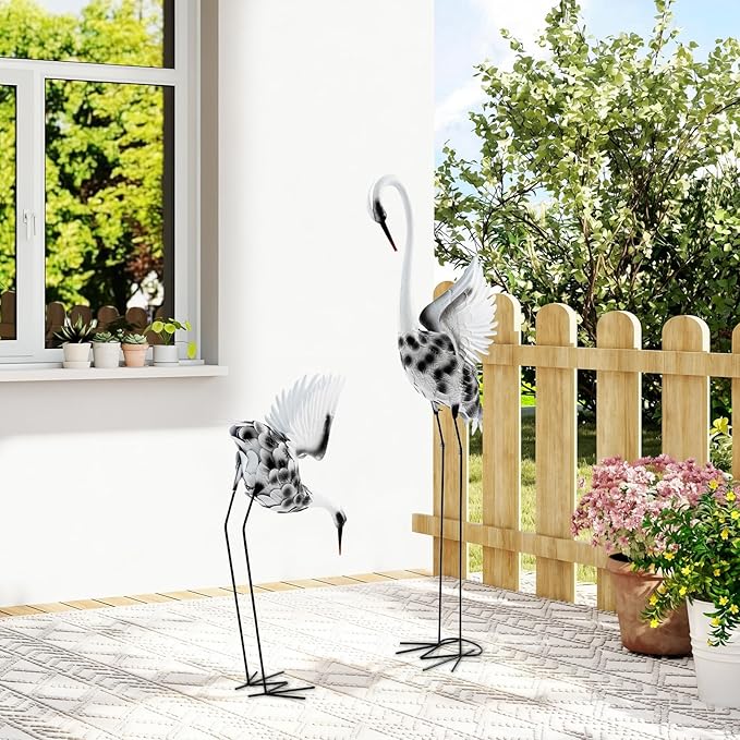 A Pair of Lifelike Crane Garden Statues, 53’’ & 35’’ Tall Metal and Wood Patina Heron Decor for Yard, Patio, Indoor Outdoor, Tall & Short Crane Sculptures