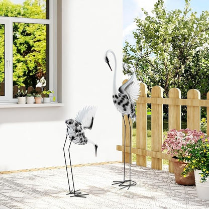 A Pair of Lifelike Crane Garden Statues, 53’’ & 35’’ Tall Metal and Wood Patina Heron Decor for Yard, Patio, Indoor Outdoor, Tall & Short Crane Sculptures
