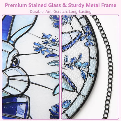 Stained Glass Window Hanging, Rabbit Circular Painted Glass Suncatcher with Chain & Suction Cup for Home Garden Door Decor, Birthday for Women Men Mom 7.8 in
