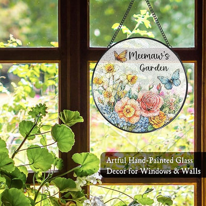 Meemaw's Garden Gifts Stained Glass Suncatcher for Grandma from Grandkids, Meemaw Grandma Gifts Window Hanging Wall Art Decoration for Mothers Day Christmas Birthday, 7.8 x 7.8 in