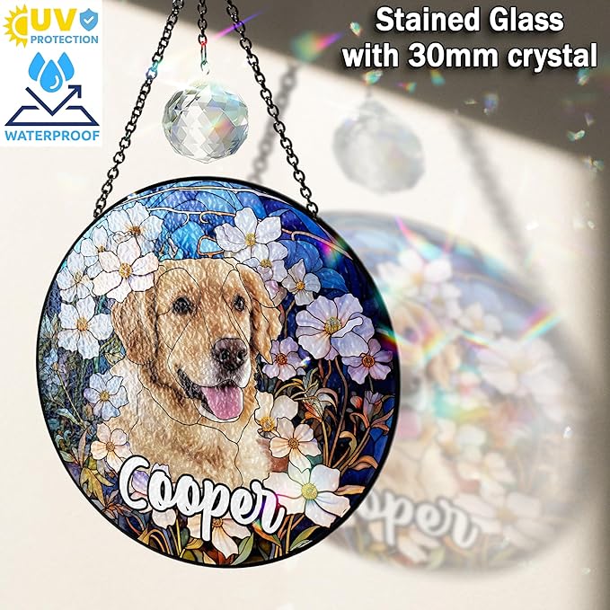 Personalized Pet Stained Glass Suncatcher Custom Name Pet Photo Ornament Window Hanging Holiday Home Decor Sympathy Gift for Loss of Dog Cat Memorial Keepsake Remembrance Gift for Dog Lovers