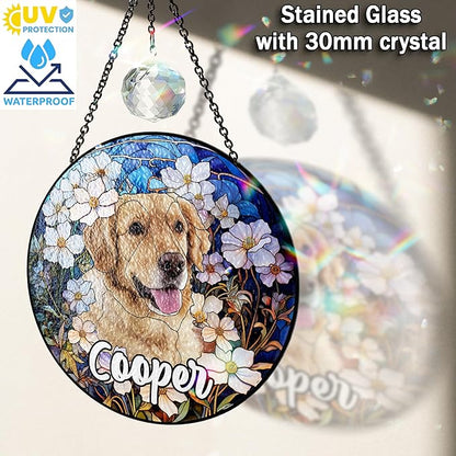 Personalized Pet Stained Glass Suncatcher Custom Name Pet Photo Ornament Window Hanging Holiday Home Decor Sympathy Gift for Loss of Dog Cat Memorial Keepsake Remembrance Gift for Dog Lovers