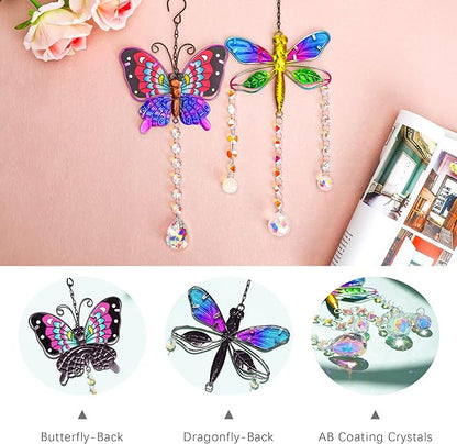 YU FENG Set 2 Suncatchers with Crystals,Stained Glass Butterfly Dragonfly Sun Catchers Window Garden Hanging Decoration Ornament,Prism Rainbow Maker Pendant Ornament for Christmas Tree