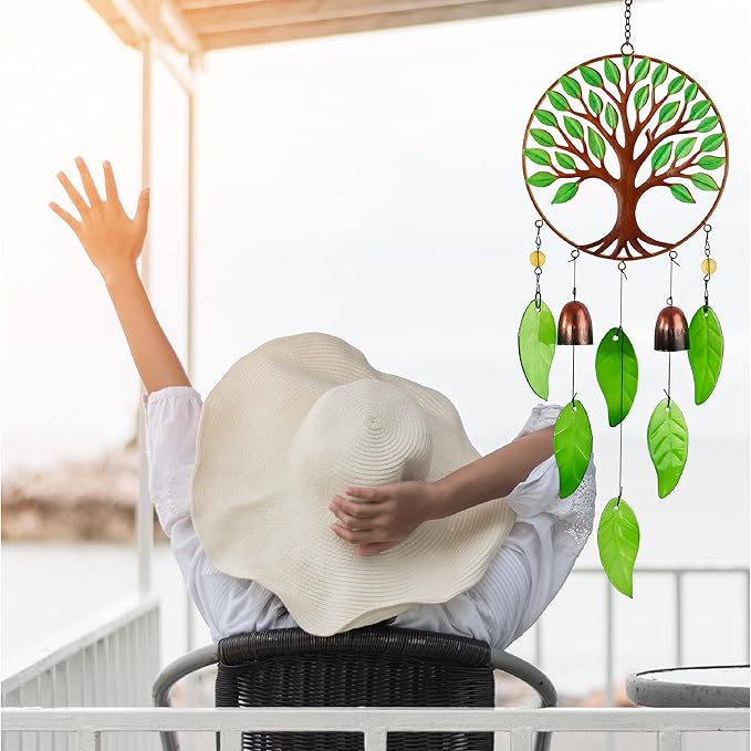 CoTa Global Tree of Life Wind Chime - Handmade Metal Hanging Decor, Rustic Brown Garden Ornament with Metal Tubes, Indoor Outdoor Porch Patio Yard Decoration - 24 Inches
