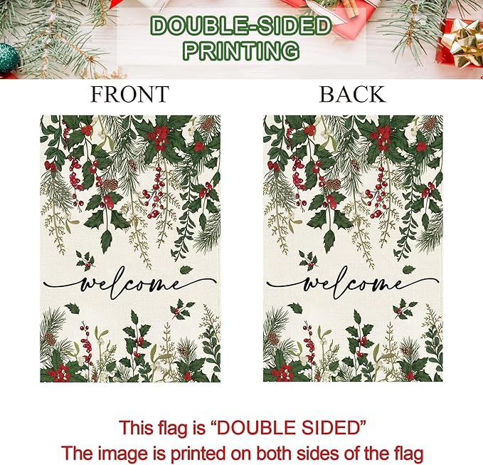 Baccessor Christmas House Flag 28x40 Inch Double Sided Poinsettia Holly Red Berries Floral Welcome Winter Lage Garden Flag Farmhouse Vintage Outside Outdoor Yard Holiday Decoration