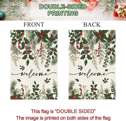Baccessor Christmas House Flag 28x40 Inch Double Sided Poinsettia Holly Red Berries Floral Welcome Winter Lage Garden Flag Farmhouse Vintage Outside Outdoor Yard Holiday Decoration
