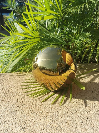 Gold Gazing Globe Mirror Ball in Stainless Steel, Shiny Hollow Sphere Sparkling Housewarming Outdoor Ornament (8 Inch) (Gold)…