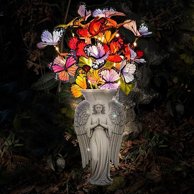 Solar Angel Grave Decorations - Metal Silhouette Memorial Stake with Butterfly Lights, Flat Garden Decor for Cemetery, Sympathy Gift(Angel with Flowers)