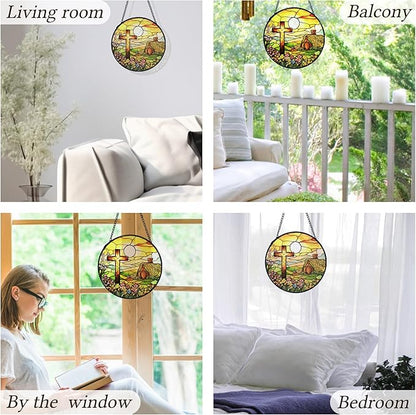 kdqua Cross Suncatcher Stained Glass Window Hanging, Christian Cross Wildflower Sunshine Sun Catchers Indoor Window Glass Round Wall Decor, Religious Wall Art Hanging Decorations Statues, 7.9x7.9in