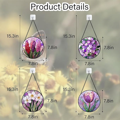 DASTOLL Stained Glass Window Hanging 4 Pcs Set Purple Flower Theme 7.8" - Tulip Suncatcher Door Garden Sun Catcher Decor Birthday Christmas for Plant Lovers Woman Nana Men