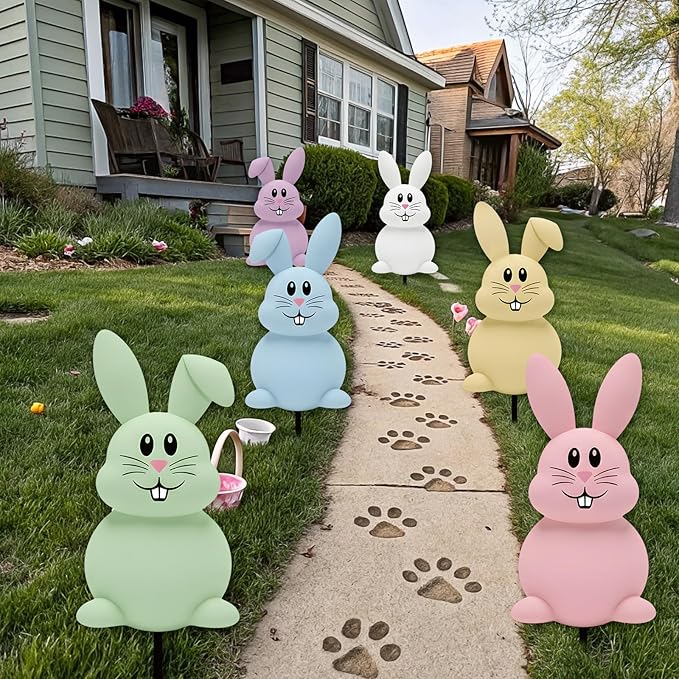 6 Pcs Outdoor Easter Bunny Decorations, 15.7 Inch Metal Easter Bunny Garden Stakes, Double-Sided Pastel Rabbit Yard Signs with Stakes for Spring Lawn Patio Garden Decor & Photo Props