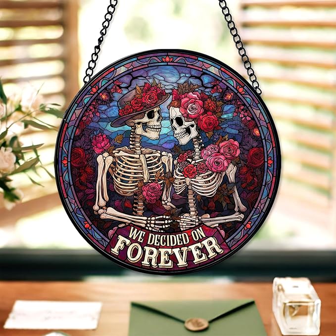 FIVITY Stained Glass Window Hanging 7.8'' Skeleton Couple Suncatcher We Decided On Forever Stained Glass Ornament Suncatchers with Hanging Chain for Wife Husband Wedding for Hi