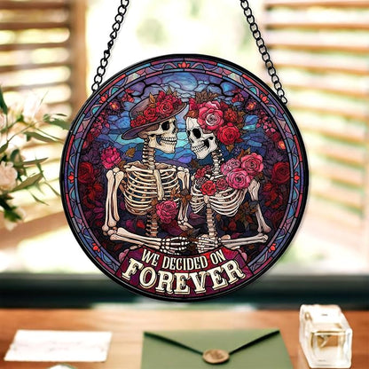FIVITY Stained Glass Window Hanging 7.8'' Skeleton Couple Suncatcher We Decided On Forever Stained Glass Ornament Suncatchers with Hanging Chain for Wife Husband Wedding for Hi