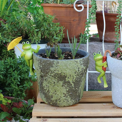 2 Pack Flower Pot Edge Hanging Frog Plant Pot Decorations Small Frog Figurine Holding Umbrella Resin Frogs Creative Ornaments for Home, Yard, Flower Pots