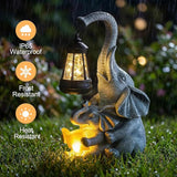 Candieslife Solar Garden Statue Lights Loving Elephants Figurine with Solar Lantern, Outdoor Yard Decorations for Patio Porch Home, Housewarming Elephant Gifts for Mom, Women