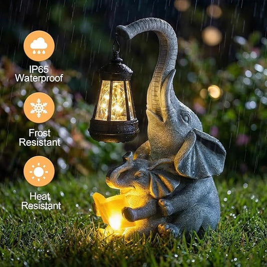 Candieslife Solar Garden Statue Lights Loving Elephants Figurine with Solar Lantern, Outdoor Yard Decorations for Patio Porch Home, Housewarming Elephant Gifts for Mom, Women