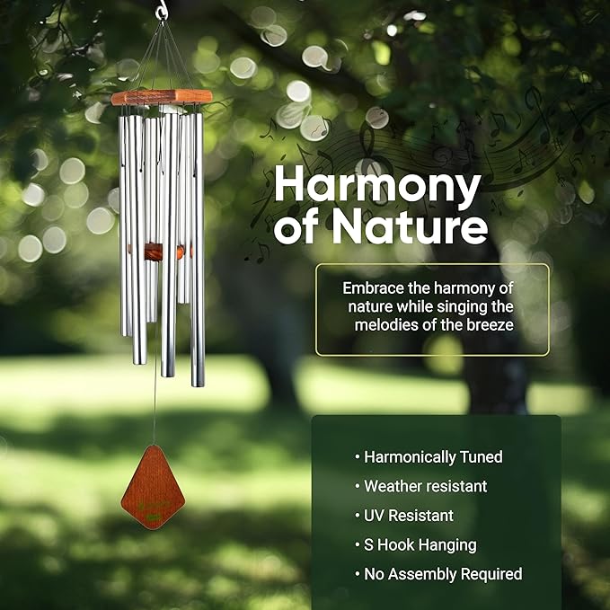 Nature’s Melody Premiere Grande Tunes Wind Chimes – Outdoor Windchime with 6 Tubes Tuned to E Pentatonic Scale, Rustproof Aluminum, Beech Wood & S Hook Hanger (Silver, 24 Inch)
