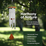 Nature’s Melody Premiere Grande Tunes Wind Chimes – Outdoor Windchime with 6 Tubes Tuned to E Pentatonic Scale, Rustproof Aluminum, Beech Wood & S Hook Hanger (Silver, 24 Inch)