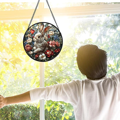 DASTOLL Stained Glass Window Hanging - Cute Rabbit Flowers Suncatcher Ready to Hang Window Doors Home Decoration, Christmas, Mother's Day Birthday Gifts for Women, Men, and Mom11.8x11.8 in