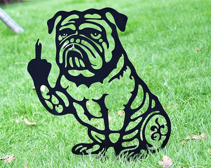 DS. DISTINCTIVE STYLE Bulldog Decor Funny Middle Finger Bulldog Statue Metal Black Dog Yard Art for Outdoor Garden, Patio, Pathway