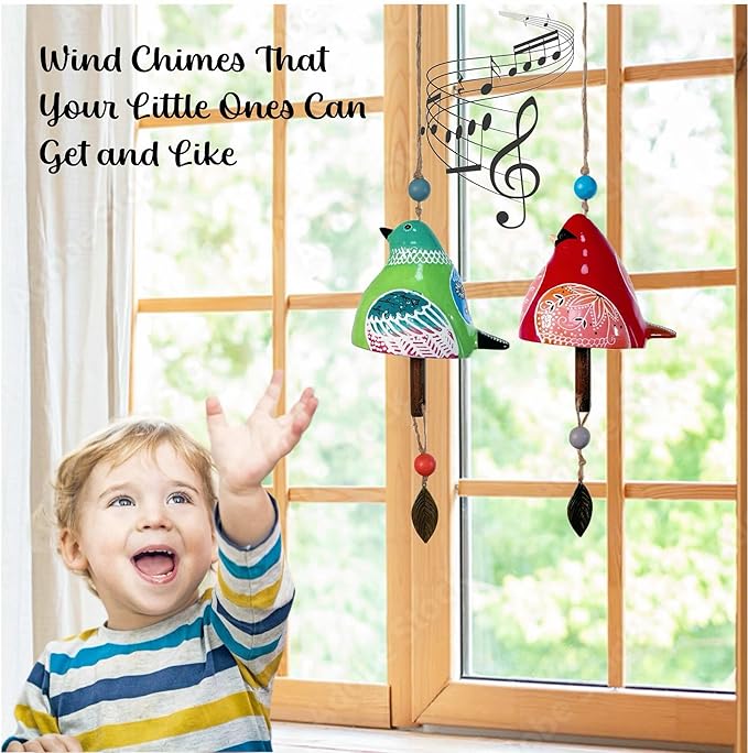 Cute Ceramic Wind Chimes for Outside and Indoor, Memorial Windchime with Soothing Melodic Tones, Gifts for Mom, Garden Patio Balcony Home Decor Hanging Windchimes (Single Bird-Red)