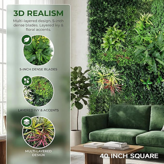 Artificial Plant Wall Panels, 40"x 40" Greenery Boxwood Panels with UV Protection, Faux Grass Ivy Privacy Screen Fence, Grass Wall Backdrop for Indoor Outdoor Garden Backyard Decor