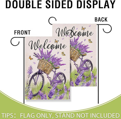Artofy Welcome Spring Summer Bike Small Decorative Garden Flag, Bicycle Lavender Flower Floral Yard Lawn Outside Decor, Seasonal Butterfly Burlap Outdoor Home Decoration Double Sided 12 x 18