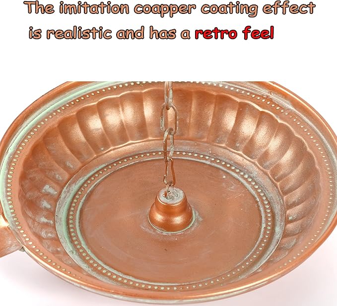 Rain Chain Anchoring Basin, 11” Dia Metal Patina Hammered Rain Chain Downspout Gutters for Outdoor Garden, Bowl for Rain Chain Spill Over with Scupper Pour Spout, Matte Coppery Decorative