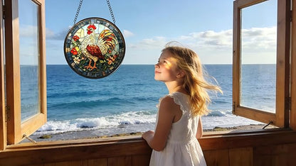 Stained Glass Window Hanging - The Golden Rooster Stared Ahead 6.3 Inches Suncatcher for Garden Home Decor for Women Mon Grandma Friends