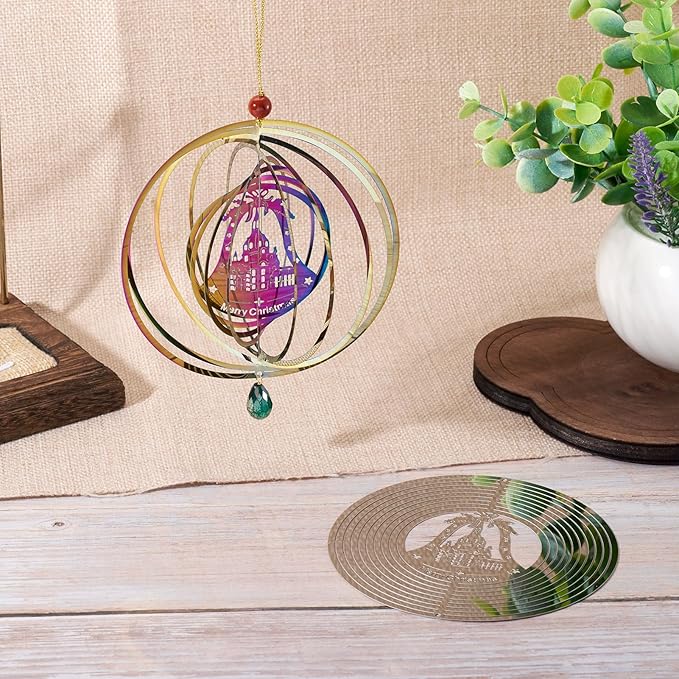 Stainless Steel Reflective Wind Spinners for Christmas Tree Decor 3D Christmas Bell Wind Chimes Gradient Etched Metal Embellishments for Outdoor Indoor Garden Hanging Decor 2Pcs
