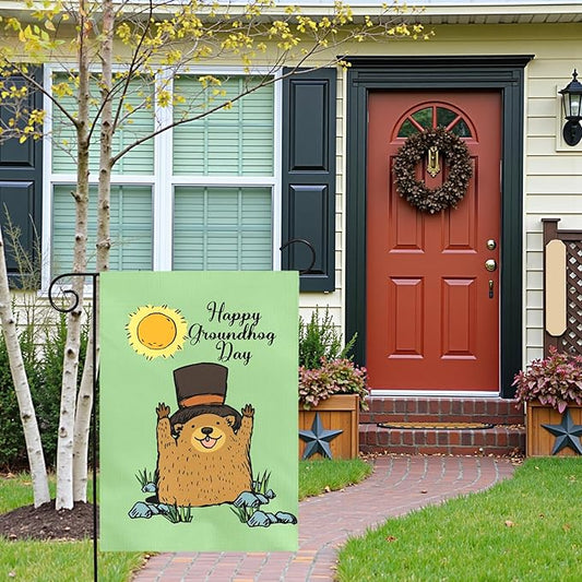 Happy Groundhog Day Garden Flag 12x18 Inch Double Sided Cute Groundhog with Top Hat and Sunshine Design Spring Outdoor Yard Flags Funny Holiday Porch Lawn Durable Banner for Home Garden Décor