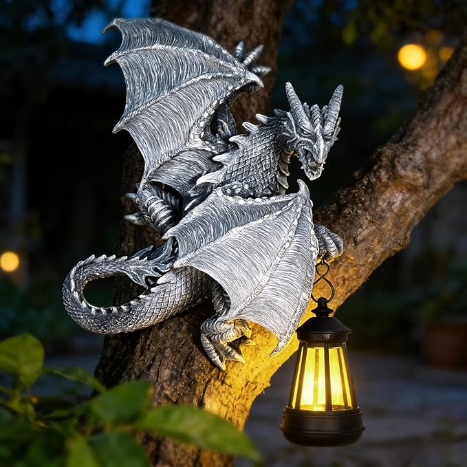 Dragon Tree Hugger Solar Garden Statue - 11 Inch Outdoor Yard, Patio, Porch Decor - Unique Birthday Housewarming Gift for Dad, Mom, Men, Women