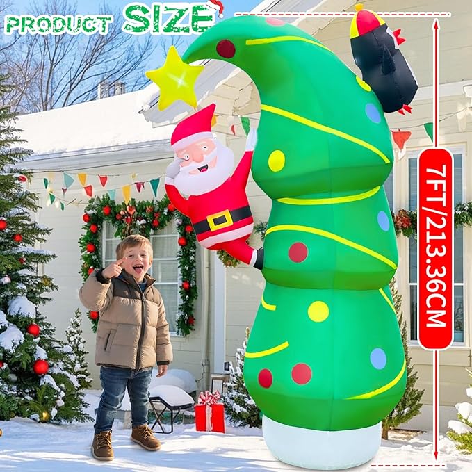 7FT Inflatables Christmas Tree 7FT Christmas Tree Inflatable Outdoor Decor Combined with Santa Penguin Xmas Tree Blow Up Yard Decor with Built-in 5 LEDs for Yard Garden Law(with Storage Bag)