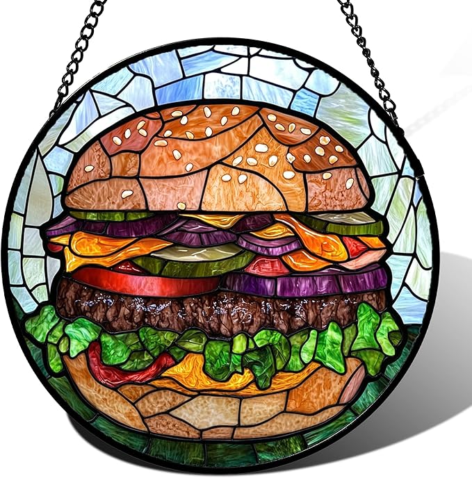 CHATYOUNG Stained Glass Window Hanging Big Beef Burger 9.8" - Cute Suncatcher Door Garden Kitchen Sun Catcher Exquisite Home Decor Christmas for Mom Woman Nana Friend Men Kids