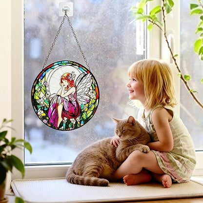 Flower Fairies Stained Glass Window Hanging,Suncatcher Hanging Decor for Indoor Outdoor Windows Yard Garden Decor Home Decorations Wall Art, Gift for Girls Mom Grandma Teacher