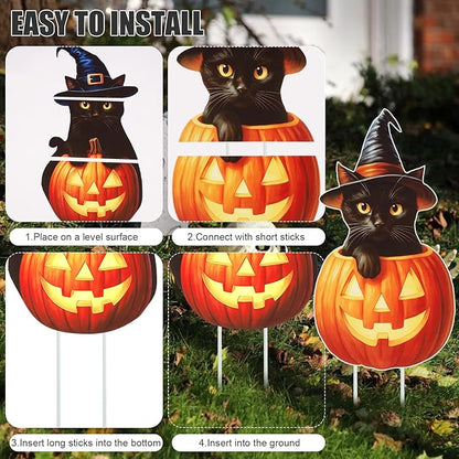 Large Outdoor Halloween Yard Signs, 2 PCS 31 inch Pumpkin Black Cat Halloween Yard Stakes Kids Friendly for Lawn Garden Home Decor Outside Party Supplies
