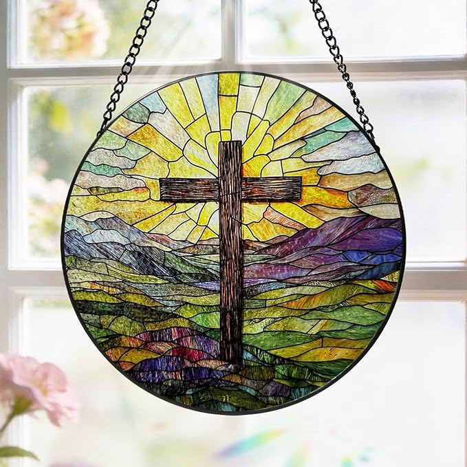 Stained Glass Cross Mountains Suncatcher, 8 Inch Christian Stained Glass Window Hanging, Religious Sun Catchers Indoor Window, Nature Landscape Ornaments Home Garden Decor Easter Faith Christian Gift