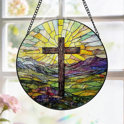 Stained Glass Cross Mountains Suncatcher, 8 Inch Christian Stained Glass Window Hanging, Religious Sun Catchers Indoor Window, Nature Landscape Ornaments Home Garden Decor Easter Faith Christian Gift