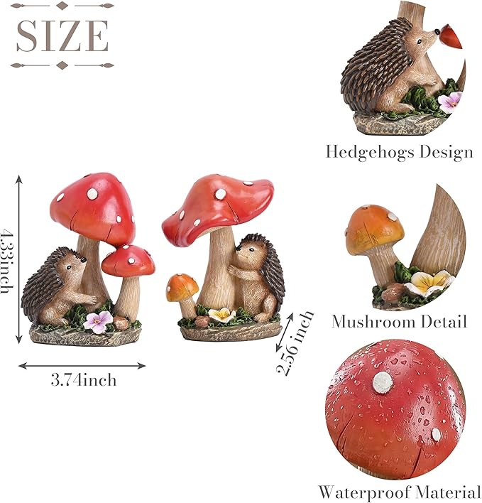 TERESA'S COLLECTIONS Garden Decor, Set of 2 Cute Hedgehogs and Mushrooms Garden Decor, Waterproof Resin Garden Statue, Hedgehogs Gift, Garden Gift for Women Mom, Indoor/Outdoor