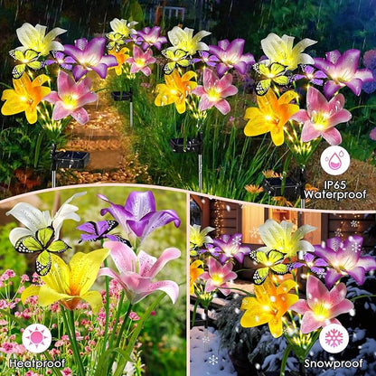 ostritec Solar Garden Lights Outdoor, 4 Pack Flower Lights for Outside, 16 Solar Lilies with Butterflies, Waterproof Garden Decor for Yard, Patio, Gifts for Women Mom (4 pcs Lilies)