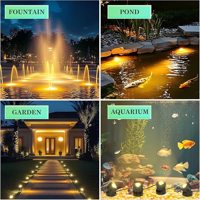 SoulBay Pond Lights LED Underwater, 4 Pack P68 Waterproof Low Voltage Landscape Lighting with 8-Hour Timer Plug for Fountain Fish Tank KOI Pond Water Features Outdoor, Warm White Bright 3200K