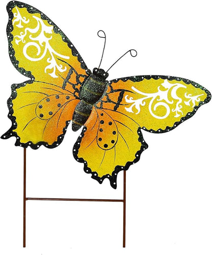 Linfevisi Metal Butterfly Garden Stakes Decor Spring Decorative Butterflies Yard Stake Lawn Ornaments Garden Decor Yard Art Decor Outdoor 18.5 Inch (Yellow)