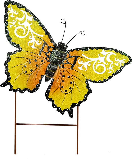 Linfevisi Metal Butterfly Garden Stakes Decor Spring Decorative Butterflies Yard Stake Lawn Ornaments Garden Decor Yard Art Decor Outdoor 18.5 Inch (Yellow)