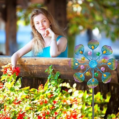 Metal Wind Spinner Outdoor, Kinetic Pinwheel Wind Sculpture with Stake, Small Garden Windmill for Patio Yard Lawn Art Decor (1pcs-Blue Green)