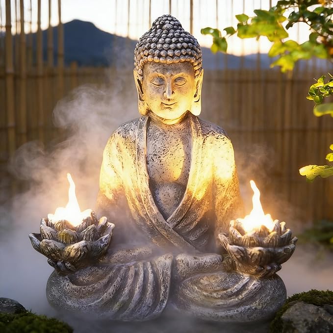 IVCOOLE Buddha Statue Zen Sculpture 11.4in Yoga Garden Decor with LED Solar Lotus Lights, Sitting Meditating Buddha Serene Resin Figurine for Patio Yard Lawn Ornaments,Inside or Outside