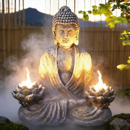 IVCOOLE Buddha Statue Zen Sculpture 11.4in Yoga Garden Decor with LED Solar Lotus Lights, Sitting Meditating Buddha Serene Resin Figurine for Patio Yard Lawn Ornaments,Inside or Outside