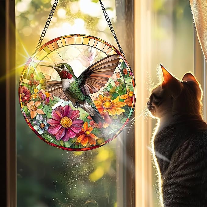 VAIIEYO Hummingbird Sun Catcher Stained Glass Window Hanging Ornament, Handmade Sun Catcher Animal Decoration with Hooks for Window Garden Home, Mother's Day & Birthday Housewarming Gift (7.8 inch)